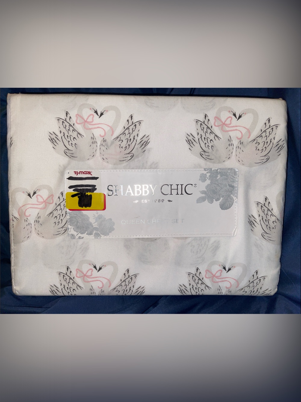 Shabby Chic White Sheet Set with Pink & Gray Swan Motif